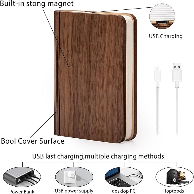 Christmas giftsRechargeable LED Book Night Light: Creative Folding Wooden Lamp with Magnetic Design for Bedrooms & Gifting(Walnut Red,S)