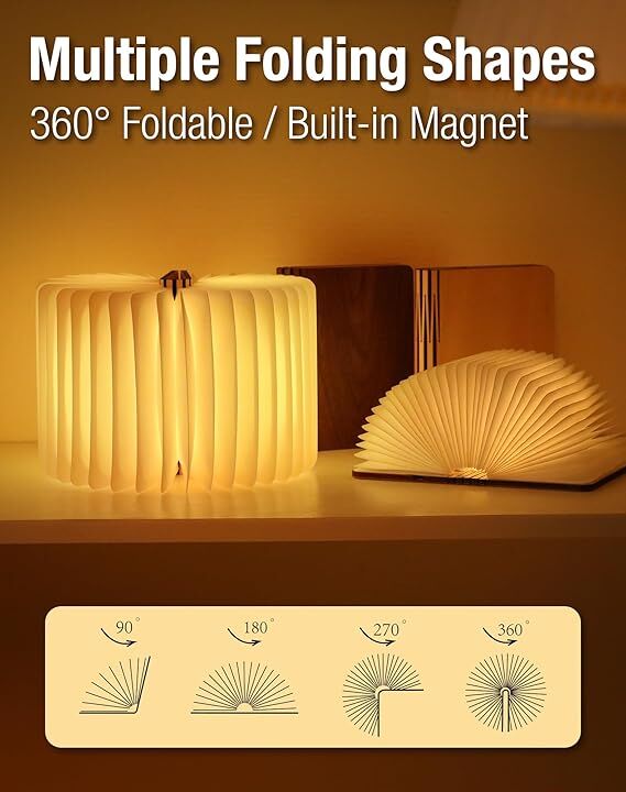 Christmas giftsRechargeable LED Book Night Light: Creative Folding Wooden Lamp with Magnetic Design for Bedrooms & Gifting(Walnut Black,S)