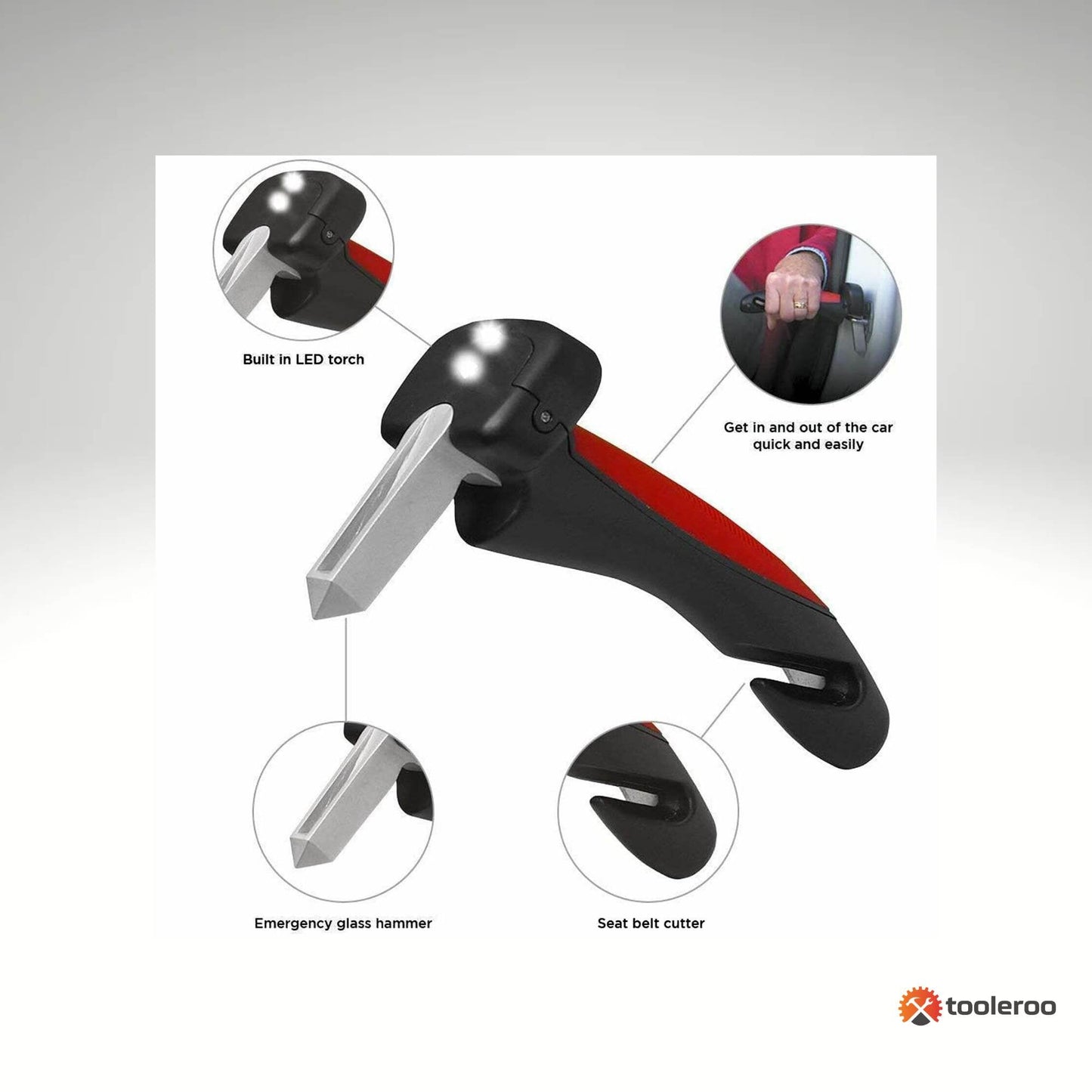 Tooleroo Car Cane Door Handle - Portable Elderly Stand Aid LED Light Hammer