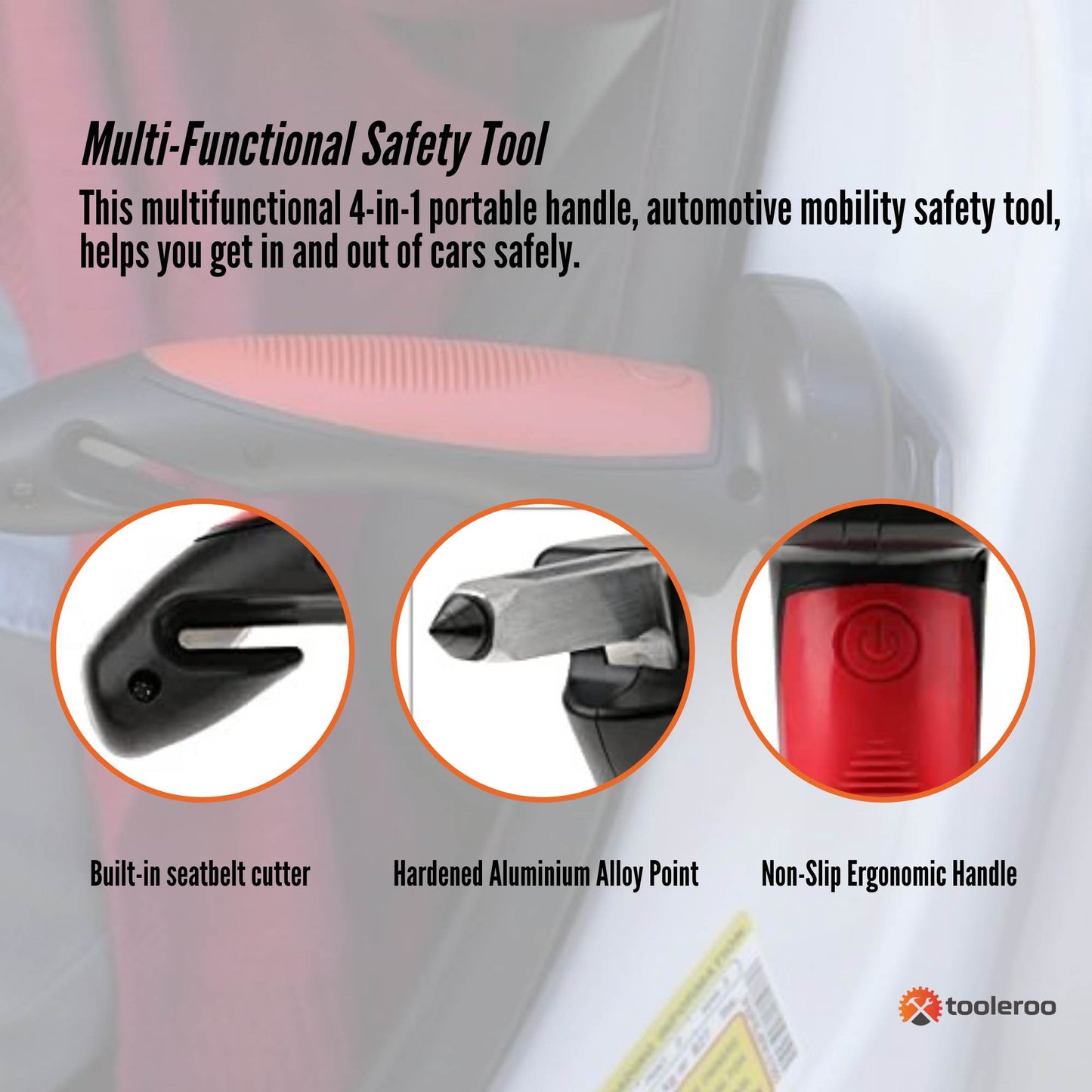 Tooleroo Car Cane Door Handle - Portable Elderly Stand Aid LED Light Hammer