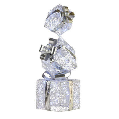 Christabelle 83cm Triple Christmas Silver Giftbox Stack Display with Lights
