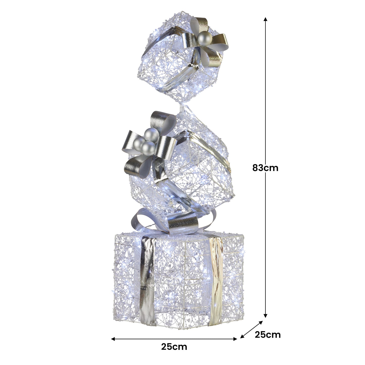 Christabelle 83cm Triple Christmas Silver Giftbox Stack Display with Lights