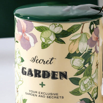 2X High-Fired Ceramic Porcelain Mug Set with Lid 400ml Vintage Floral Tea Spoon GREEN