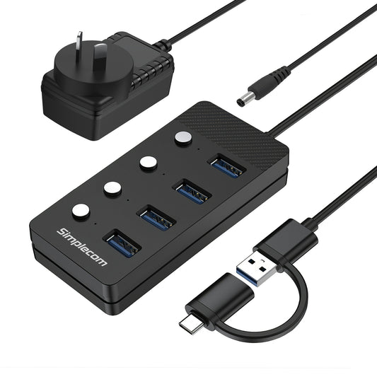 Simplecom CH345C SuperSpeed USB-A and USB-C to 4-Port USB 3.0 Hub 5Gbps Individual Switches and Power Adapter
