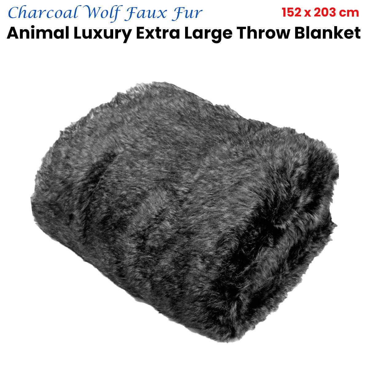 Charcoal Wolf Luxury Animal Faux Fur Extra Large Throw Blanket 152 x 203 cm