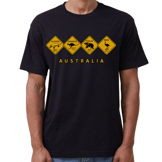 Adult Unisex 100% Cotton T Shirt Australia Wildlife Road Sign Souvenir Tee Tops, Black, XL
