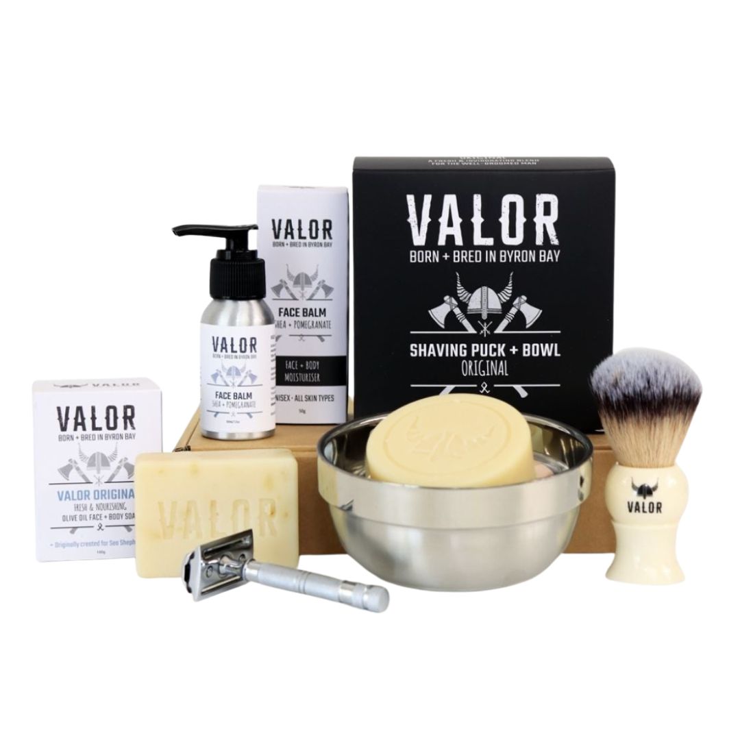 VALOR Decadent Shaving Gift Set – Organic Razor Kit with Soap, Brush, Balm & Body Bar