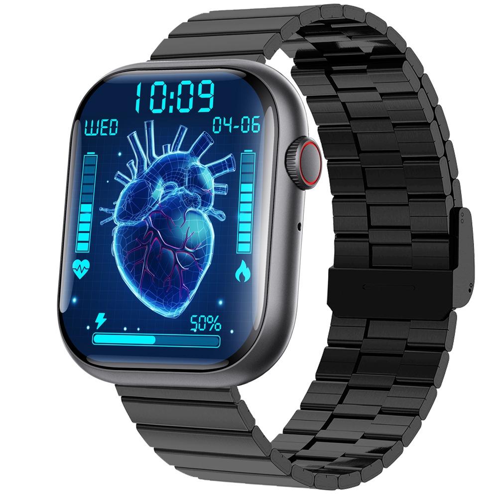 2.1 Inch Screen Smart Watch With Blood Sugar / Blood Oxygen Monitoring / Sos Alarm / 100+ Sports Modes - Black 3-Bead Steel - Black Silicone