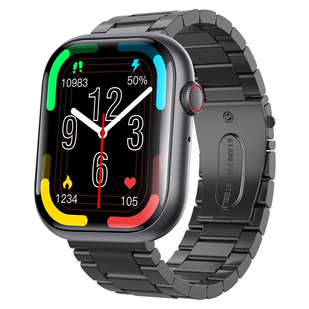 2.1 Inch Screen Smart Watch With Blood Sugar / Blood Oxygen Monitoring / Sos Alarm / 100+ Sports Modes - Black 3-Bead Steel - Black Silicone