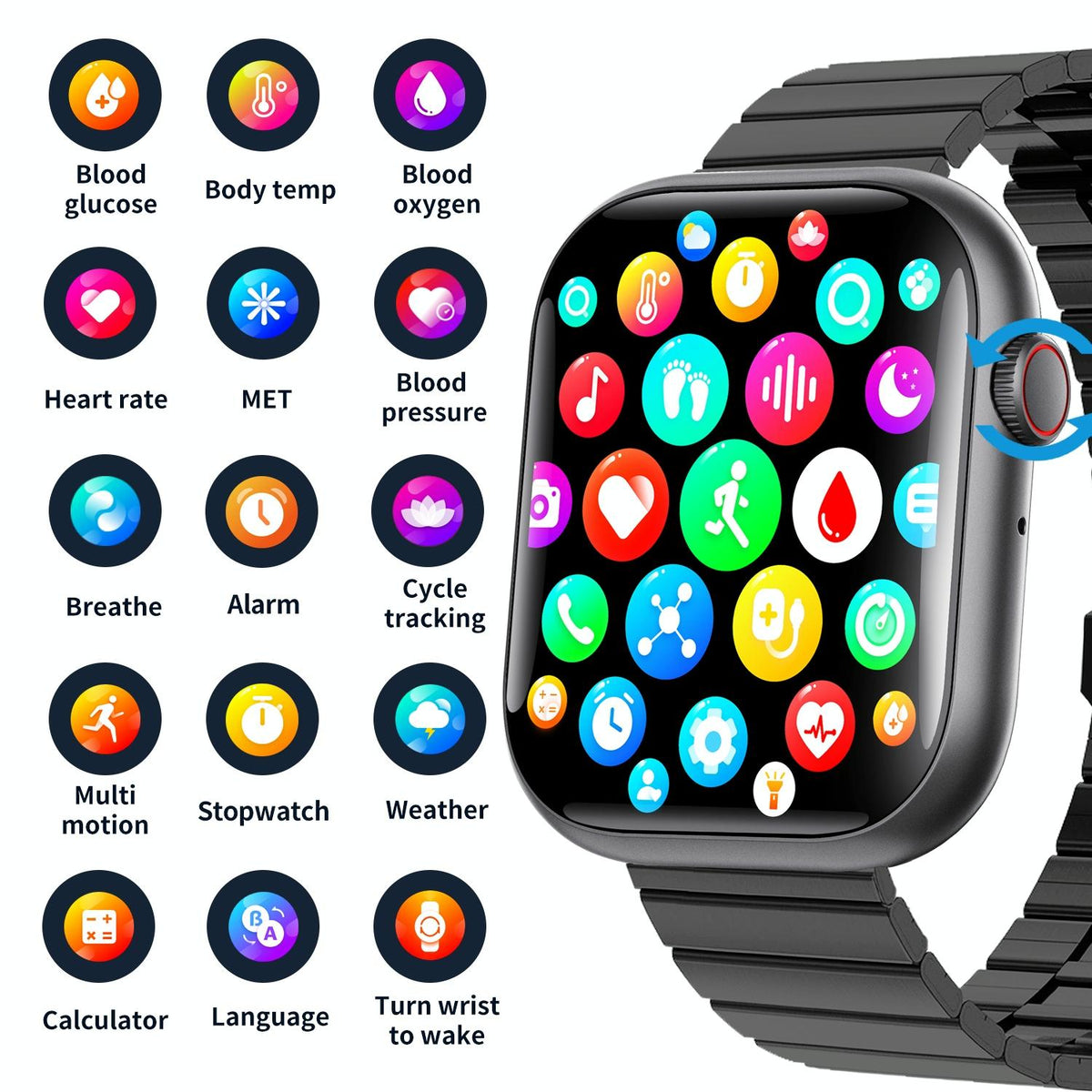 2.1 Inch Screen Smart Watch With Blood Sugar / Blood Oxygen Monitoring / Sos Alarm / 100+ Sports Modes - Black 3-Bead Steel - Black Gray
