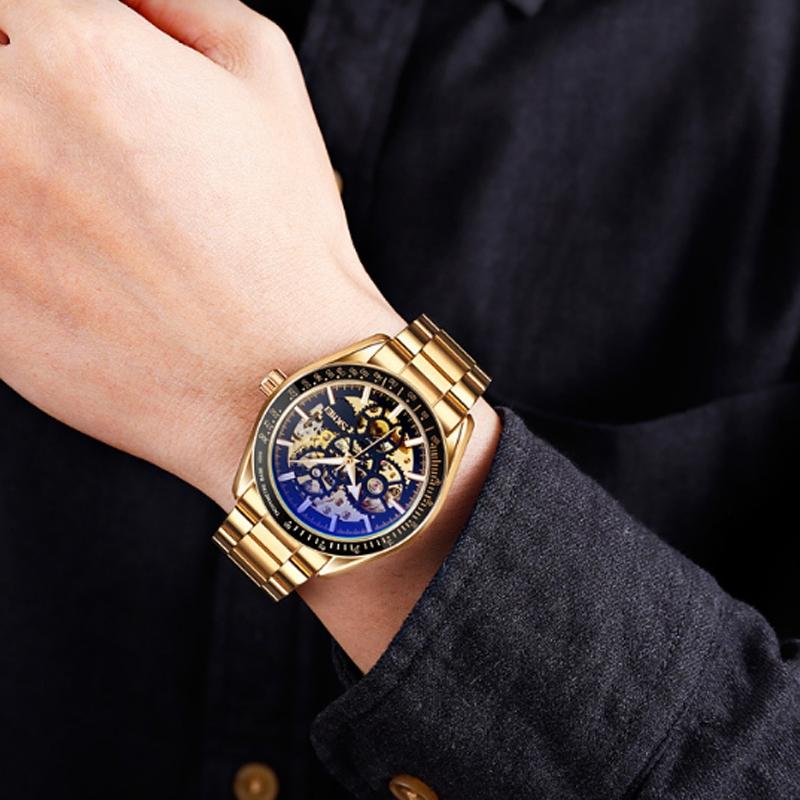 Golden Steel Band Automatic Skeleton Watch for Men