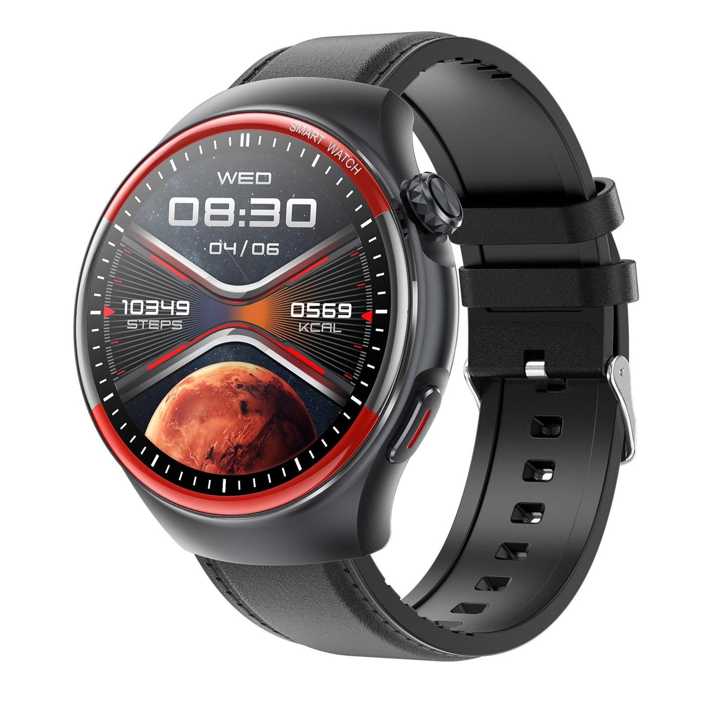 Smart Round Screen Watch With Bt Call And Health Tracking - Leather - Leather Black