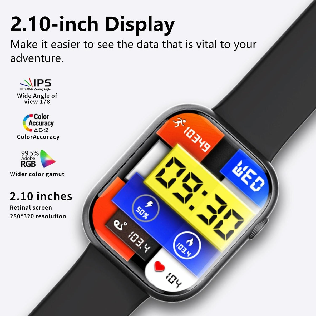 2.1 Inch Screen Smart Watch With Blood Sugar / Blood Oxygen Monitoring / Sos Alarm / 100+ Sports Modes - Black 3-Bead Steel - Black Leather