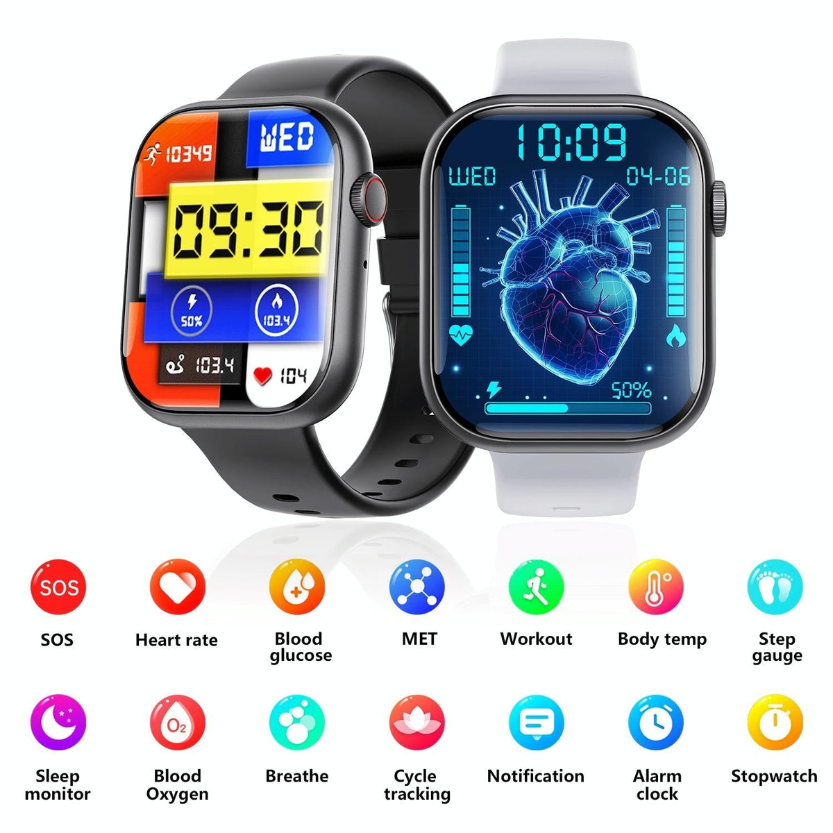 2.1 Inch Screen Smart Watch With Blood Sugar / Blood Oxygen Monitoring / Sos Alarm / 100+ Sports Modes - Black 3-Bead Steel - Black Bamboo