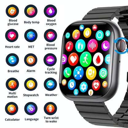 2.1 Inch Screen Smart Watch With Blood Sugar / Blood Oxygen Monitoring / Sos Alarm / 100+ Sports Modes - Black 3-Bead Steel - Black Silver 3-Bead