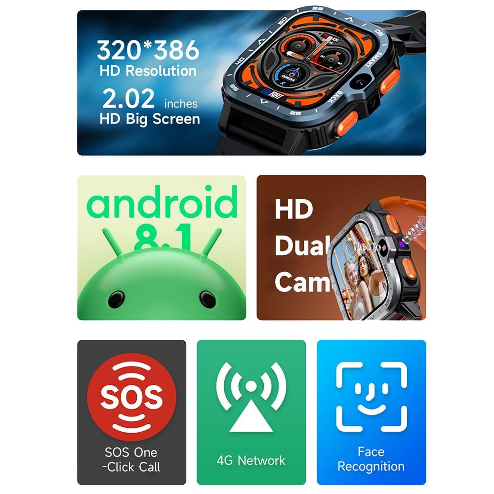 2.02 Inch Android 8.1 Full Network Wifi Card Bluetooth Smart Watch - Navy Blue