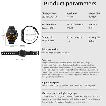 1.53 Inch Ip67 Bt5.0 Sport Smart Watch With Earbuds Support Bluetooth Call / Sleep / Blood Oxygen / Heart Rate / Blood Pressure Health Monitor - Black