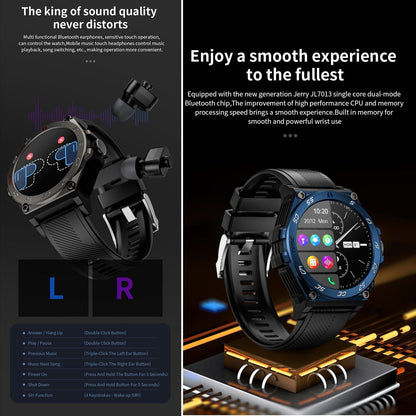 1.53 Inch Ip67 Bt5.0 Sport Smart Watch With Earbuds Support Bluetooth Call / Sleep / Blood Oxygen / Heart Rate / Blood Pressure Health Monitor - Black