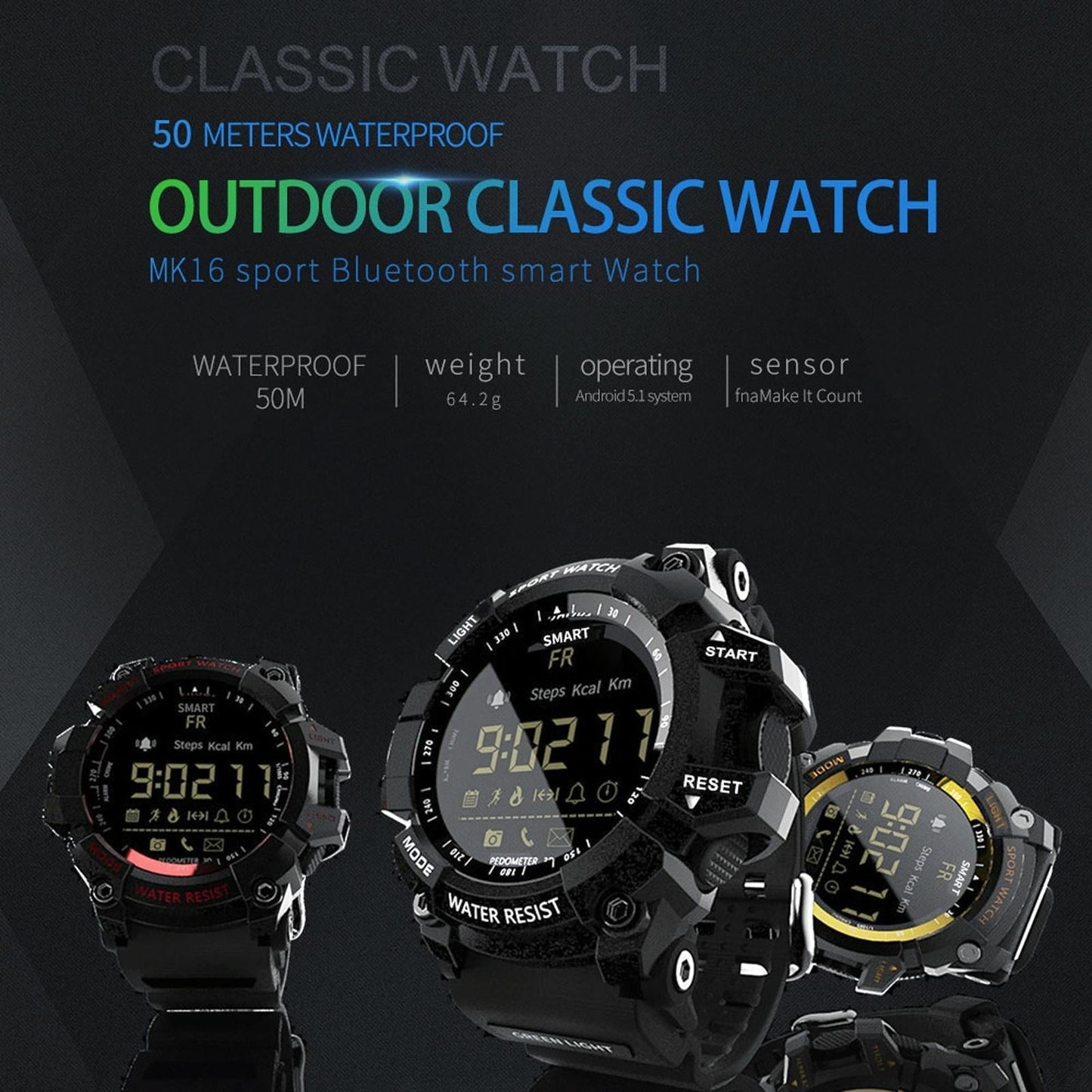 Lcd Screen 50M Waterproof Smart Watch Support Information Reminder / Remote Camera / Walking Motion Monitor Black