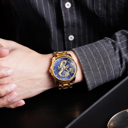 Men Golden Dragon Calendar Dial Quartz Watch with Luminous Hands - Silver Gold
