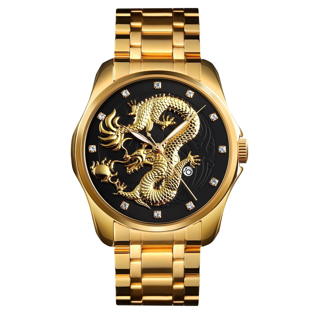 Men Golden Dragon Calendar Dial Quartz Watch with Luminous Hands - Silver Gold