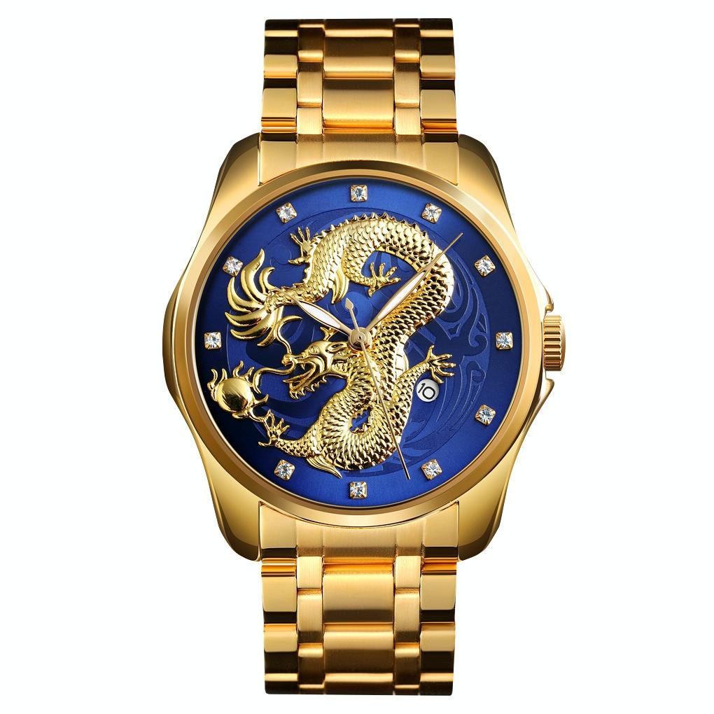 Men Golden Dragon Calendar Dial Quartz Watch with Luminous Hands - Silver Gold