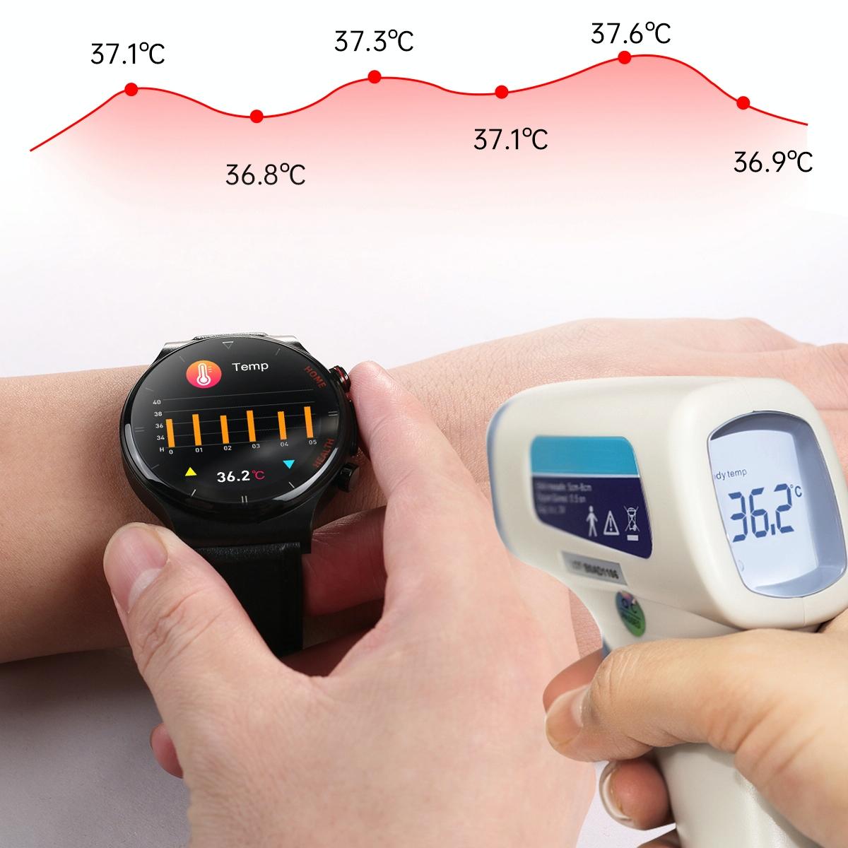 1.32 Inch Screen Leather Watch Strap Smart Health Watch Supports Body Temperature Monitoring Ecg Monitoring Blood Pressure - Black
