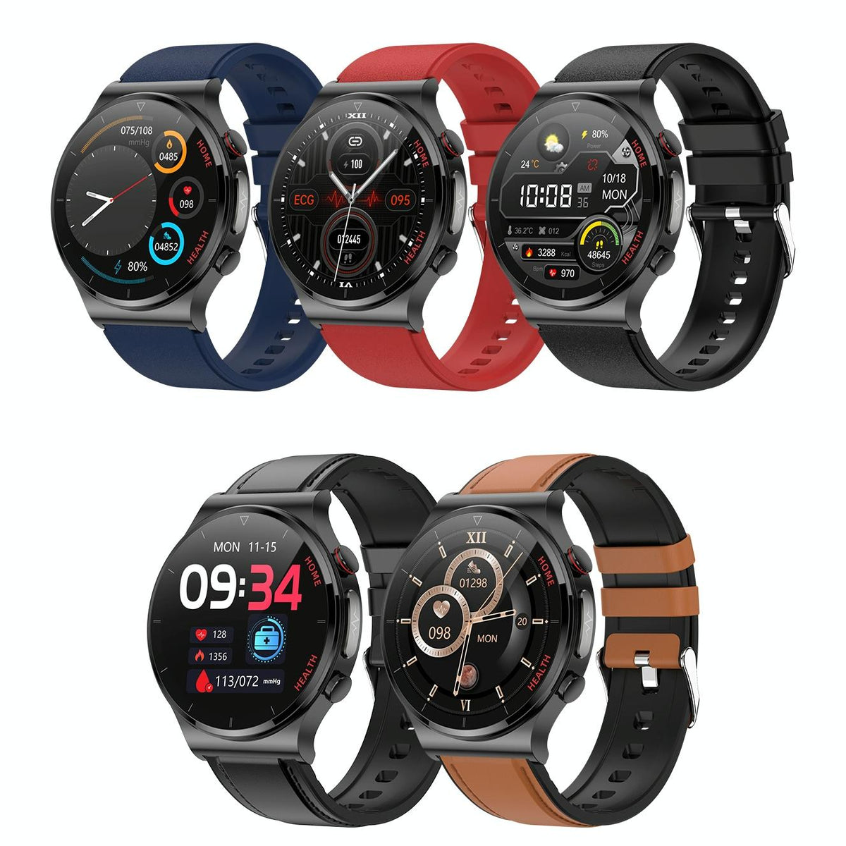 1.32 Inch Screen Leather Watch Strap Smart Health Watch Supports Body Temperature Monitoring Ecg Monitoring Blood Pressure - Black