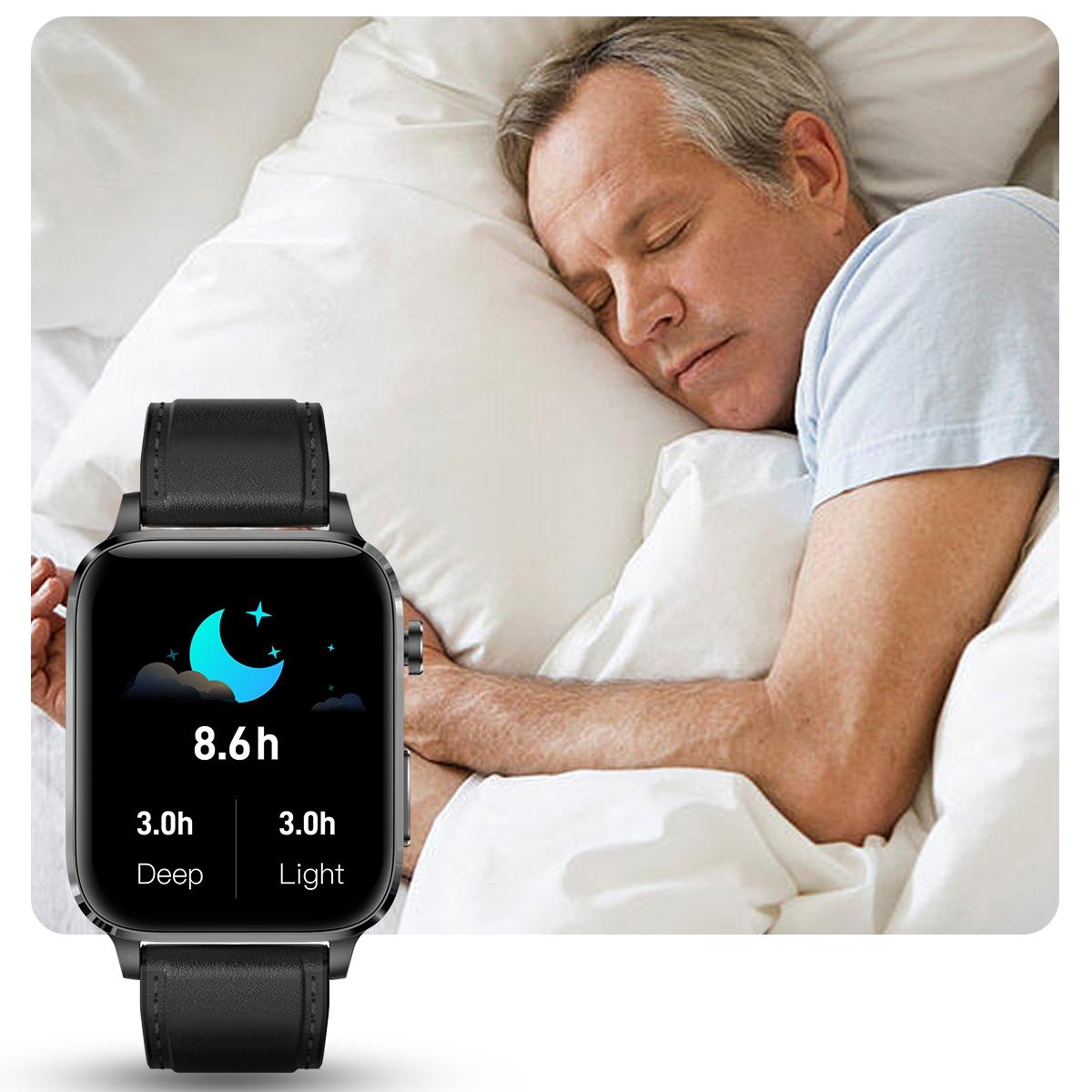 1.7 Inch Hd Square Screen Leather Strap Smart Watch Supports Body Temperature Monitoring / Blood Oxygen Monitoring - Black