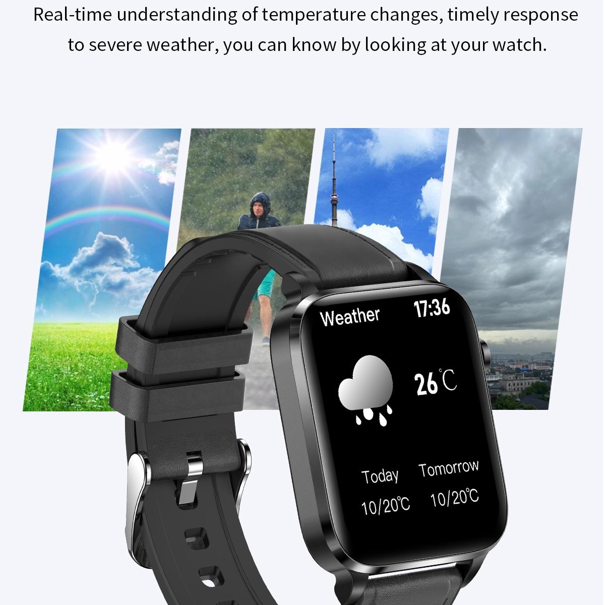 1.7 Inch Hd Square Screen Leather Strap Smart Watch Supports Body Temperature Monitoring / Blood Oxygen Monitoring - Black