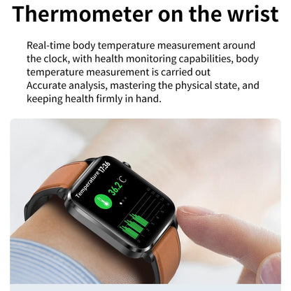 1.7 Inch Hd Square Screen Leather Strap Smart Watch Supports Body Temperature Monitoring / Blood Oxygen Monitoring - Black