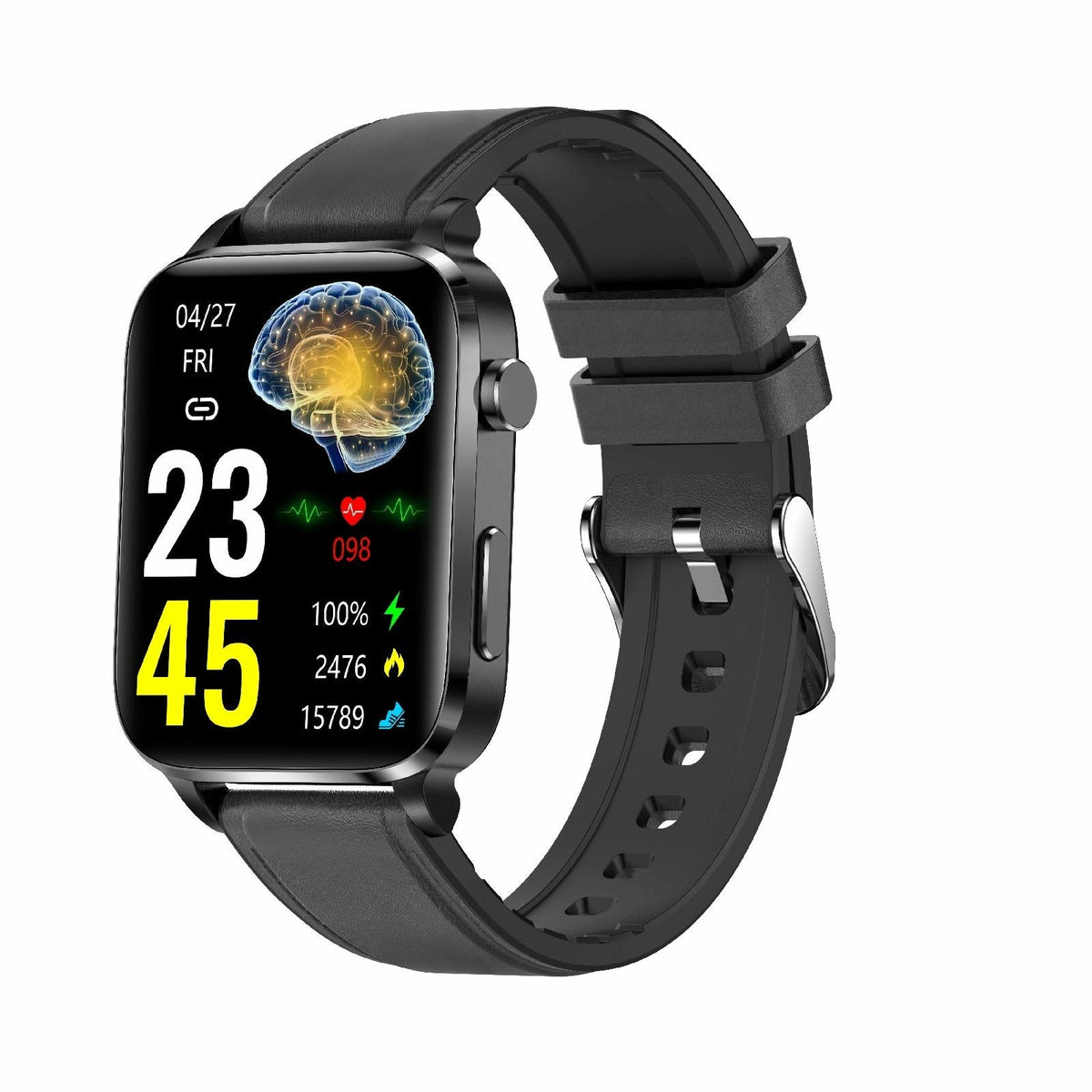 1.7 Inch Hd Square Screen Leather Strap Smart Watch Supports Body Temperature Monitoring / Blood Oxygen Monitoring - Black