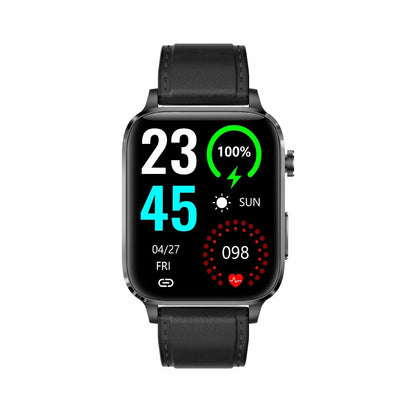 1.7 Inch Hd Square Screen Leather Strap Smart Watch Supports Body Temperature Monitoring / Blood Oxygen Monitoring - Black
