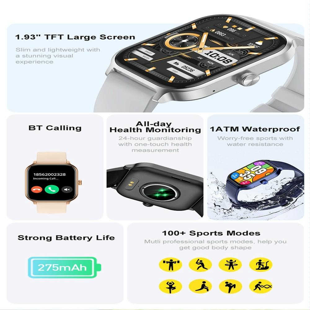 1.93 Inch Colour Screen Smart Watch Support Bluetooth Call / Health Monitoring - Black