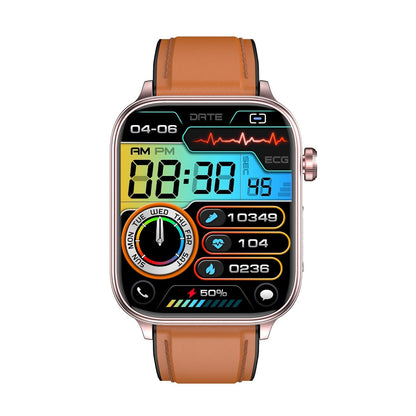 1.96 Inch Colour Screen Smart Watch Leather Strap Support Bluetooth Call / Ecg - Black