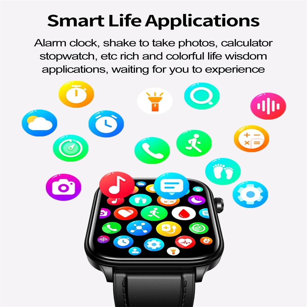 1.96 Inch Colour Screen Smart Watch Leather Strap Support Bluetooth Call / Ecg - Black
