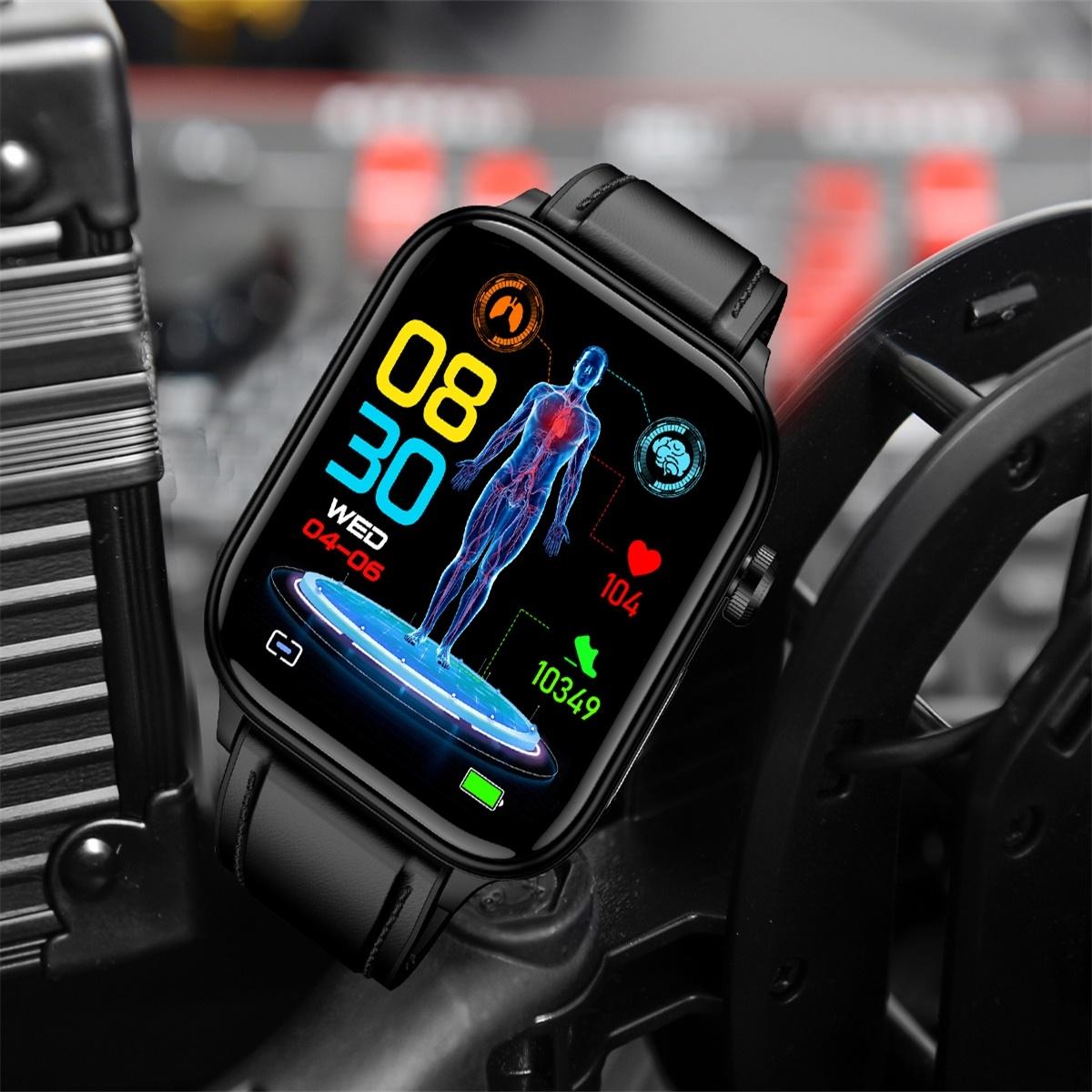 1.96 Inch Colour Screen Smart Watch Leather Strap Support Bluetooth Call / Ecg - Black