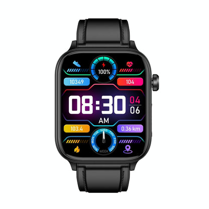 1.96 Inch Colour Screen Smart Watch Leather Strap Support Bluetooth Call / Ecg - Black