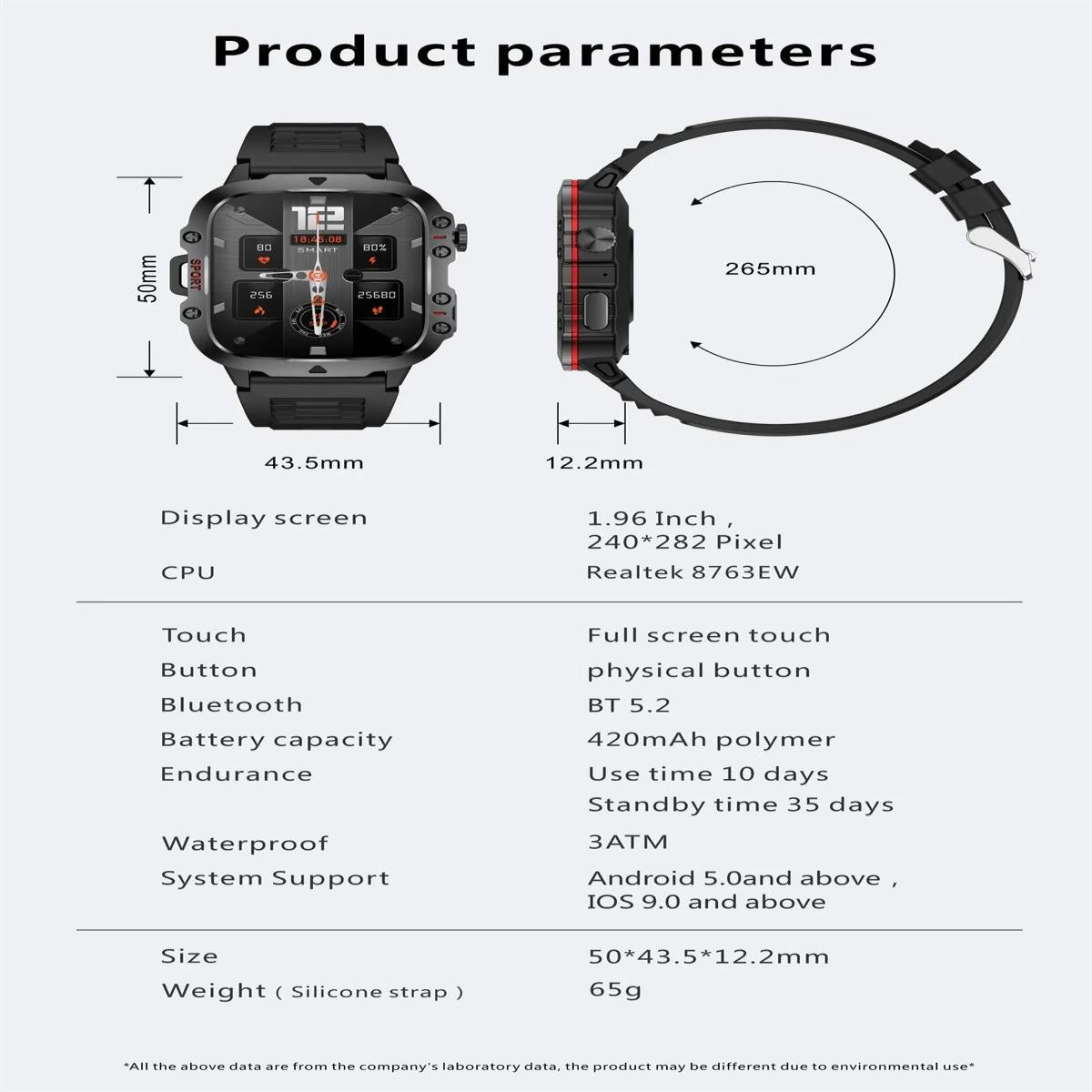 1.96 Inch Colour Screen Smart Watch Silicone Strap Support Bluetooth Call - Black