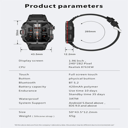 1.96 Inch Colour Screen Smart Watch Silicone Strap Support Bluetooth Call - Black