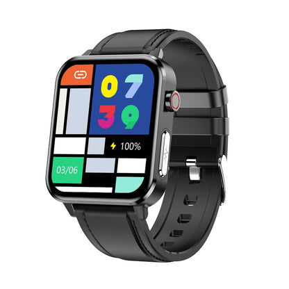 1.7 Inch Tft Colour Screen Ip68 Waterproof Smart Watch Support Blood Oxygen Monitoring / Body Temperature Monitoring / Ai Medical Diagnosis - Leather Strap - Black