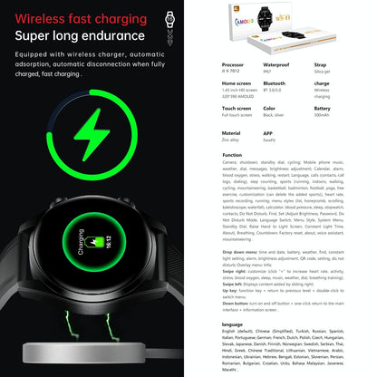 1.43 Inch Ip67 Sport Smart Watch Support Bluetooth Call / Sleep / Blood Oxygen / Heart Rate / Blood Pressure Health Monitor - Black