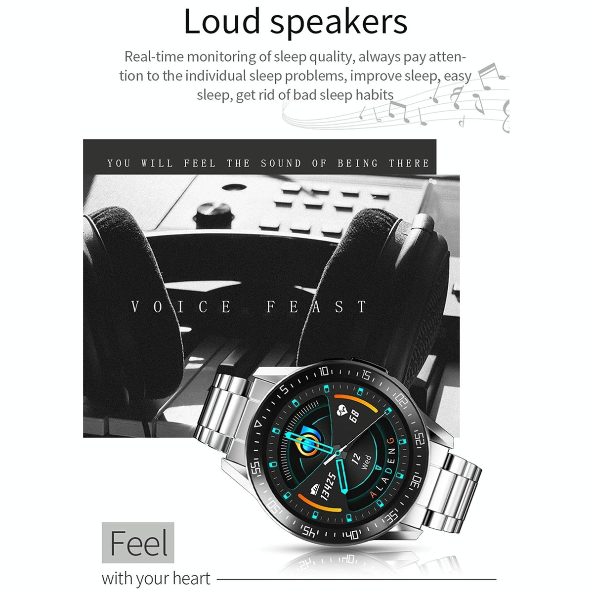 1.3 Inch Full-Fit Round Screen Smart Watch Support Sleep Monitor / Heart Rate Monitor / Temperature Monitoring Black