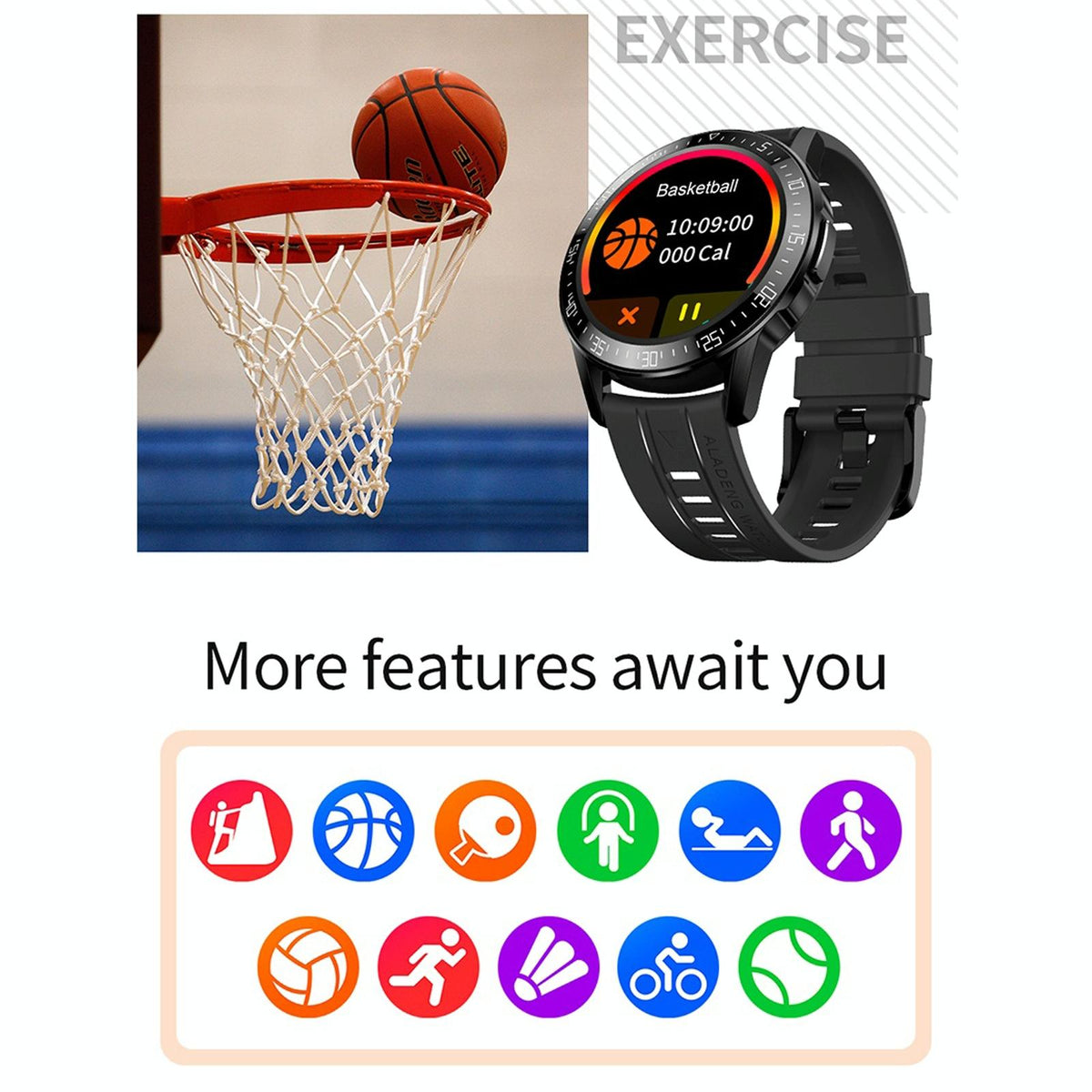1.3 Inch Full-Fit Round Screen Smart Watch Support Sleep Monitor / Heart Rate Monitor / Temperature Monitoring Black