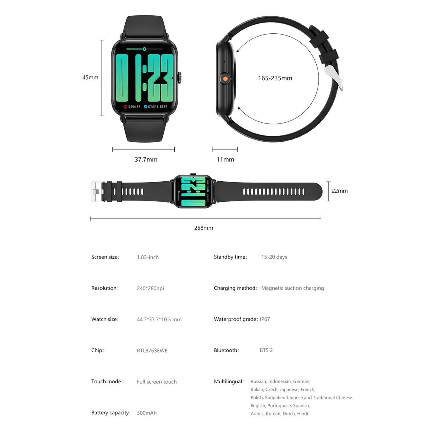 1.83 Inch Bt5.2 Smart Sport Watch Support Bluetooth Call / Sleep / Blood Sugar / Blood Oxygen / Heart Rate / Blood Pressure Health Monitor - Pink