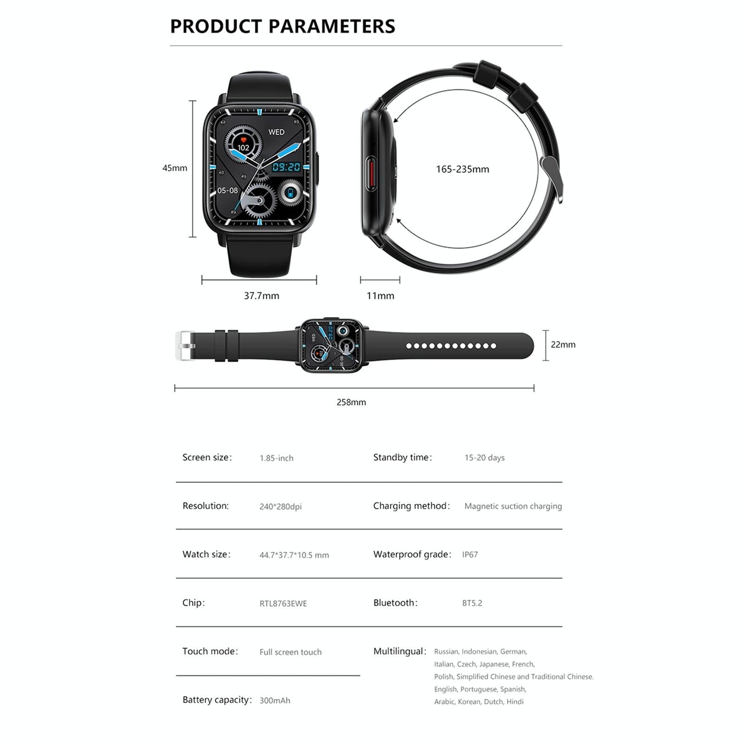 1.83 Inch Bt5.2 Smart Sport Watch Support Sleep / Heart Rate / Blood Oxygen / Temperature / Heart Sugar / Blood Pressure Health Monitor - Black