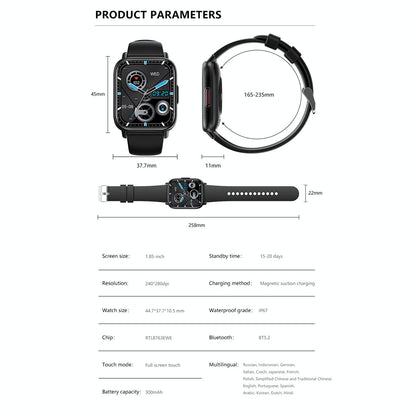1.83 Inch Bt5.2 Smart Sport Watch Support Sleep / Heart Rate / Blood Oxygen / Temperature / Heart Sugar / Blood Pressure Health Monitor - Black
