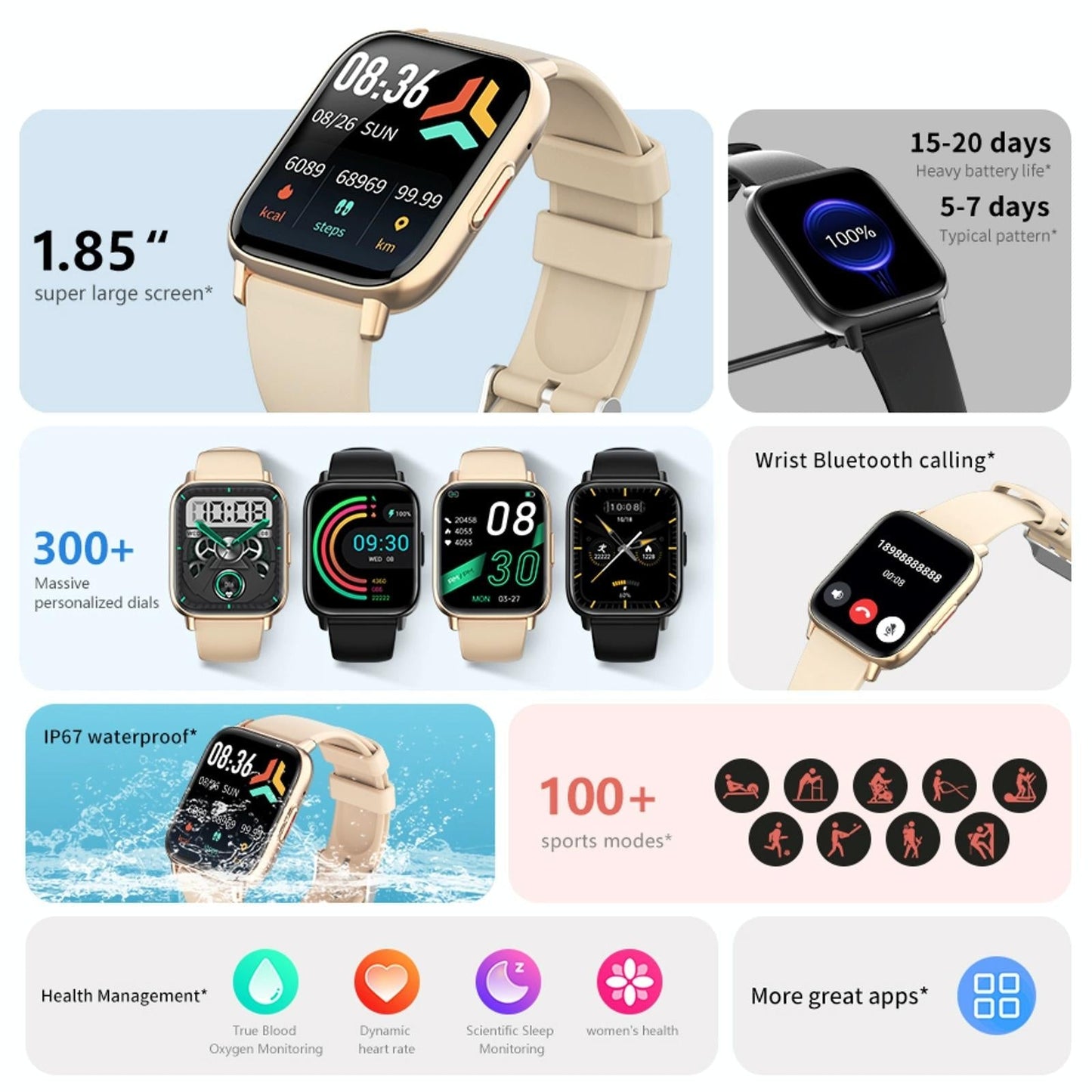 1.83 Inch Bt5.2 Smart Sport Watch Support Sleep / Heart Rate / Blood Oxygen / Temperature / Heart Sugar / Blood Pressure Health Monitor - Black