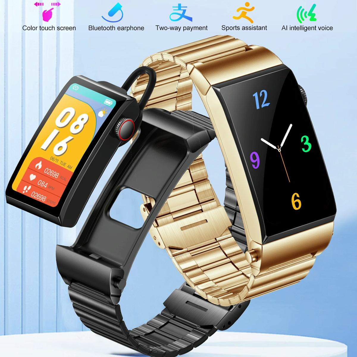 1.5 Inch Silicone Band Earphone Detachable Ip68 Waterproof Smart Watch Support Bluetooth Call - Black