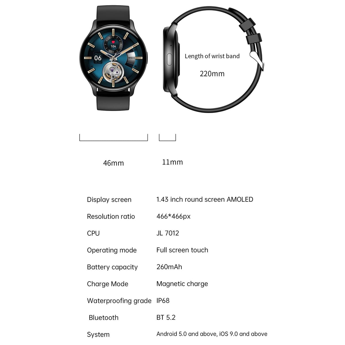 1.43 Inch Bt5.0 Ip67 Sport Smart Watch Support Bluetooth Call / Message Notification / Heart Rate / Blood Pressure Health Monitor - Black
